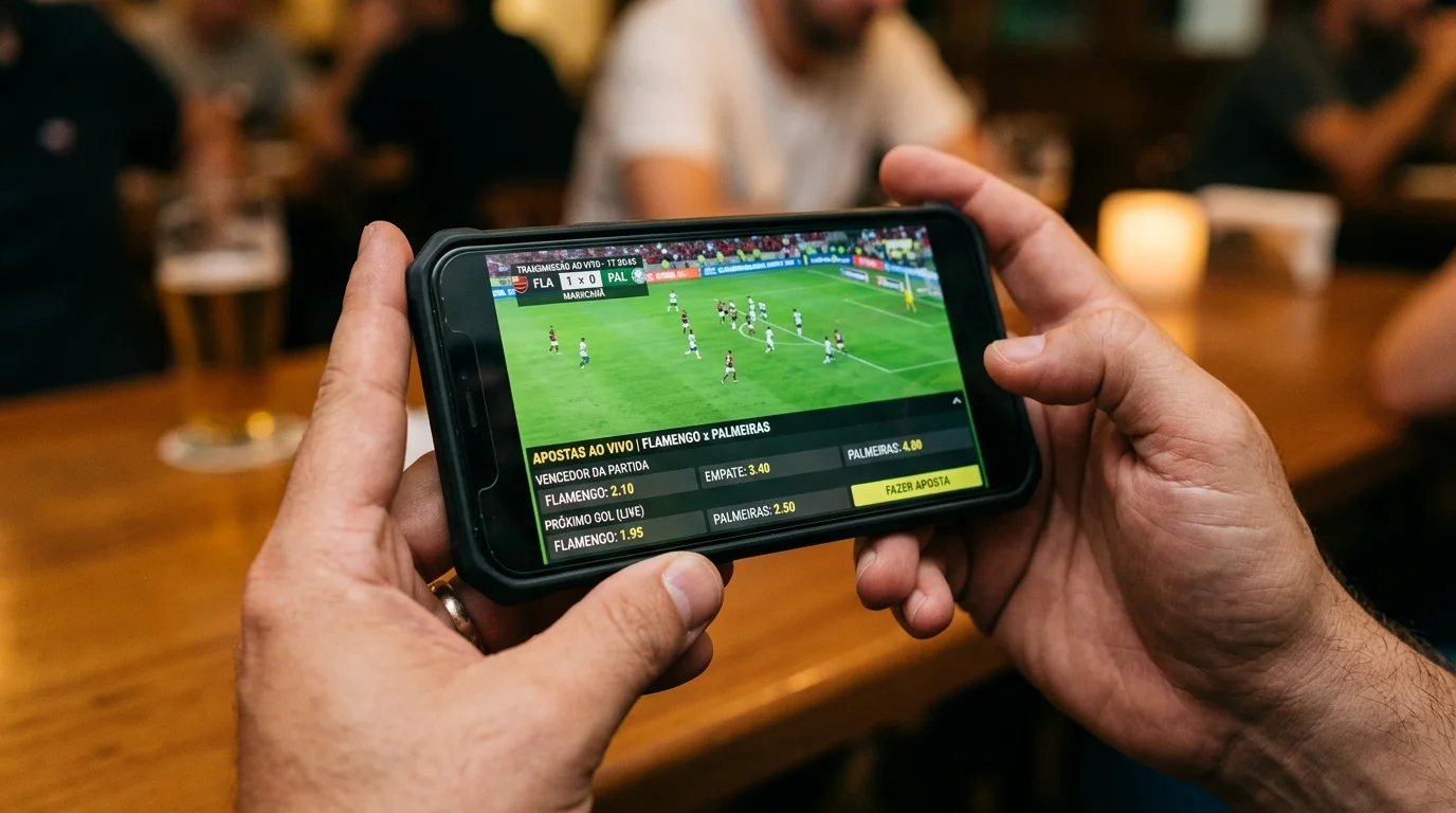 Apostador a ver jogo de futebol no smartphone enquanto faz aposta ao vivo