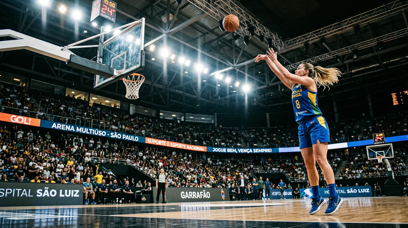 Jogador de basquetebol a lançar ao cesto num pavilhao