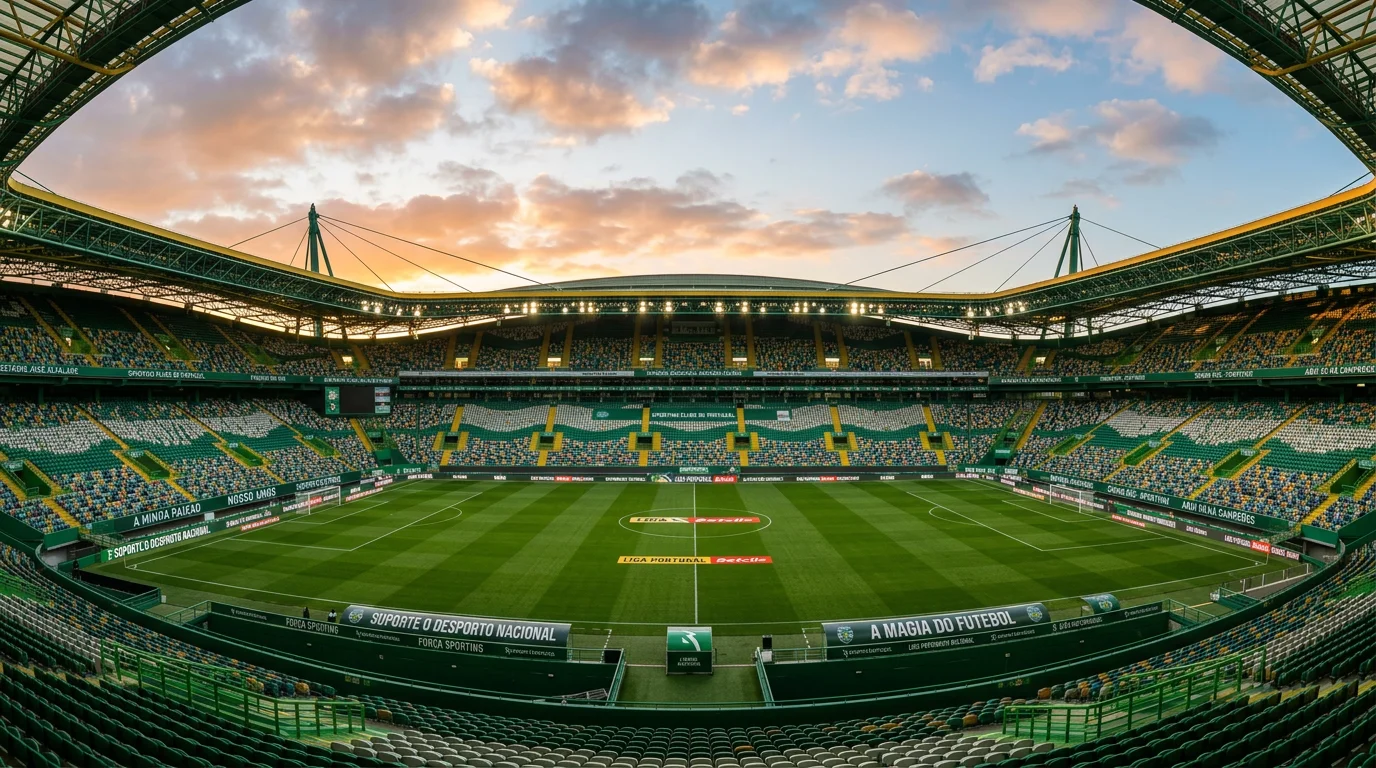 Estadio de futebol portugues com relvado verde e bancadas
