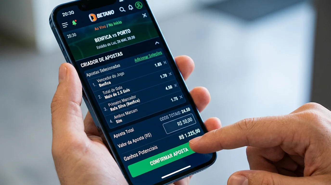 Interface de bet builder numa app de apostas mostrando mercados combinados