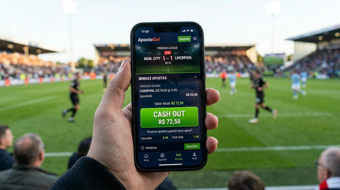 Ecra de smartphone mostrando opcao de cash out numa aposta desportiva