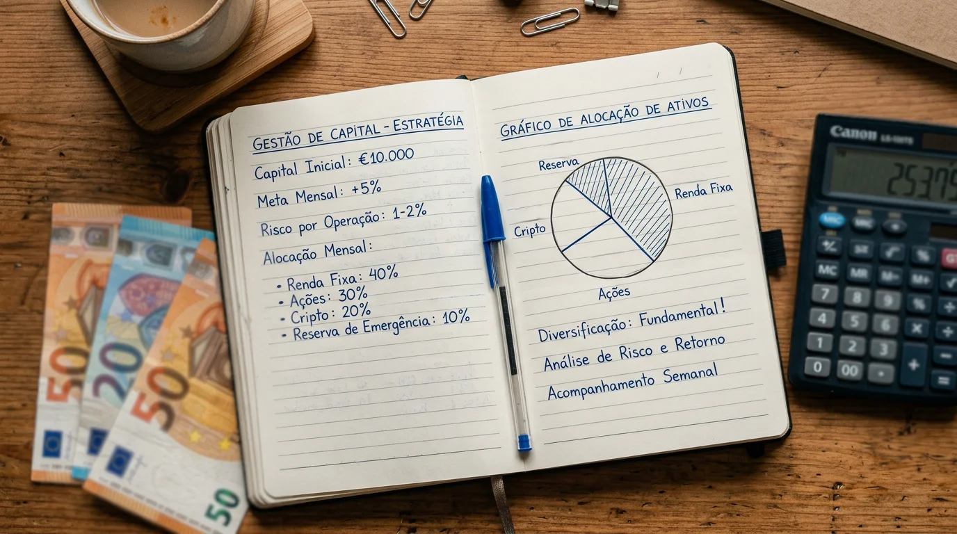 Caderno com calculos de gestao de banca e notas em euros ao lado