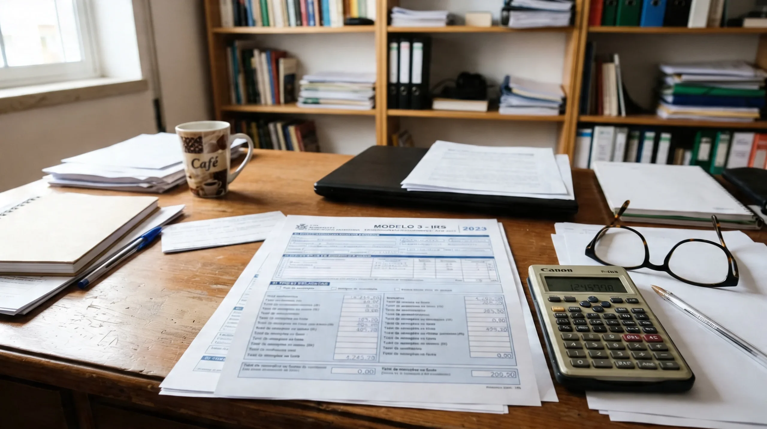 Declaracao de IRS portuguesa com calculadora e notas de euro