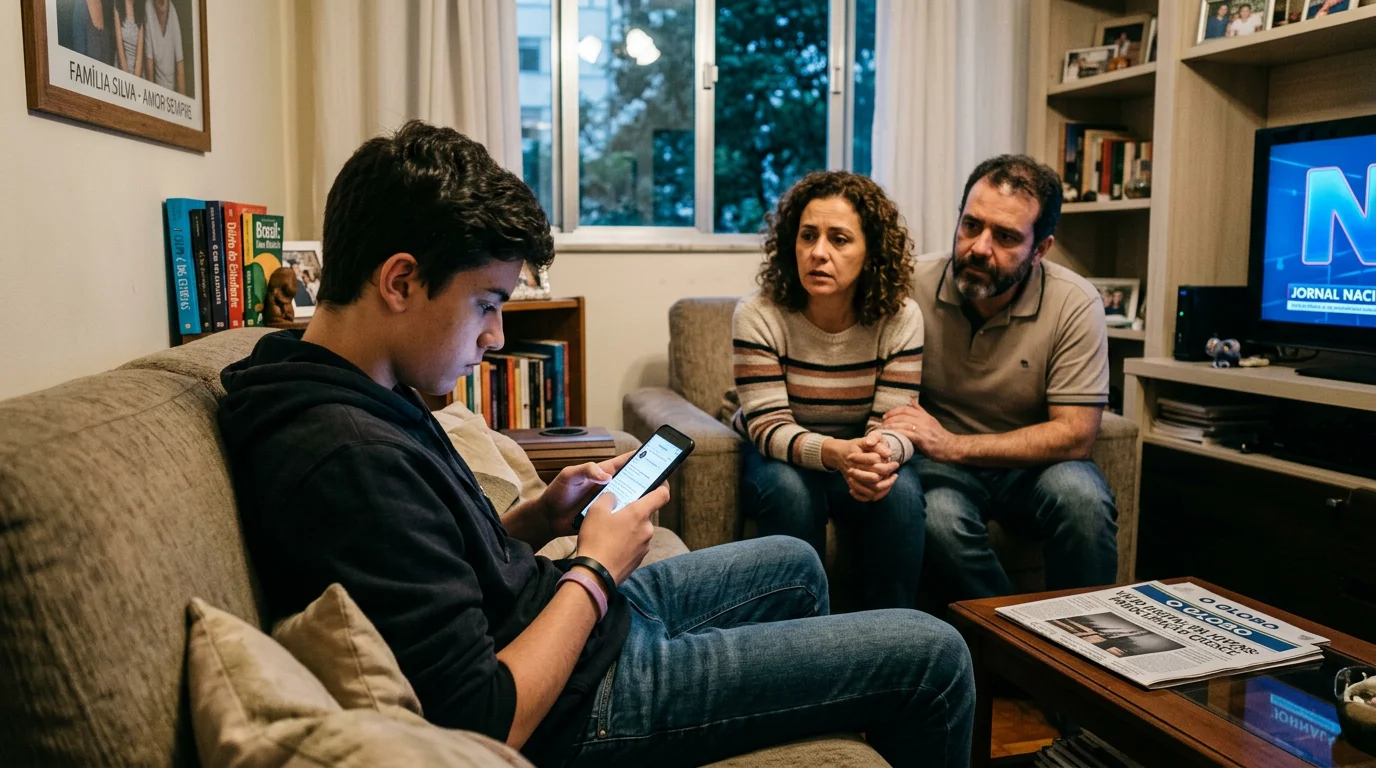 Adolescente a usar smartphone com pais atentos em segundo plano