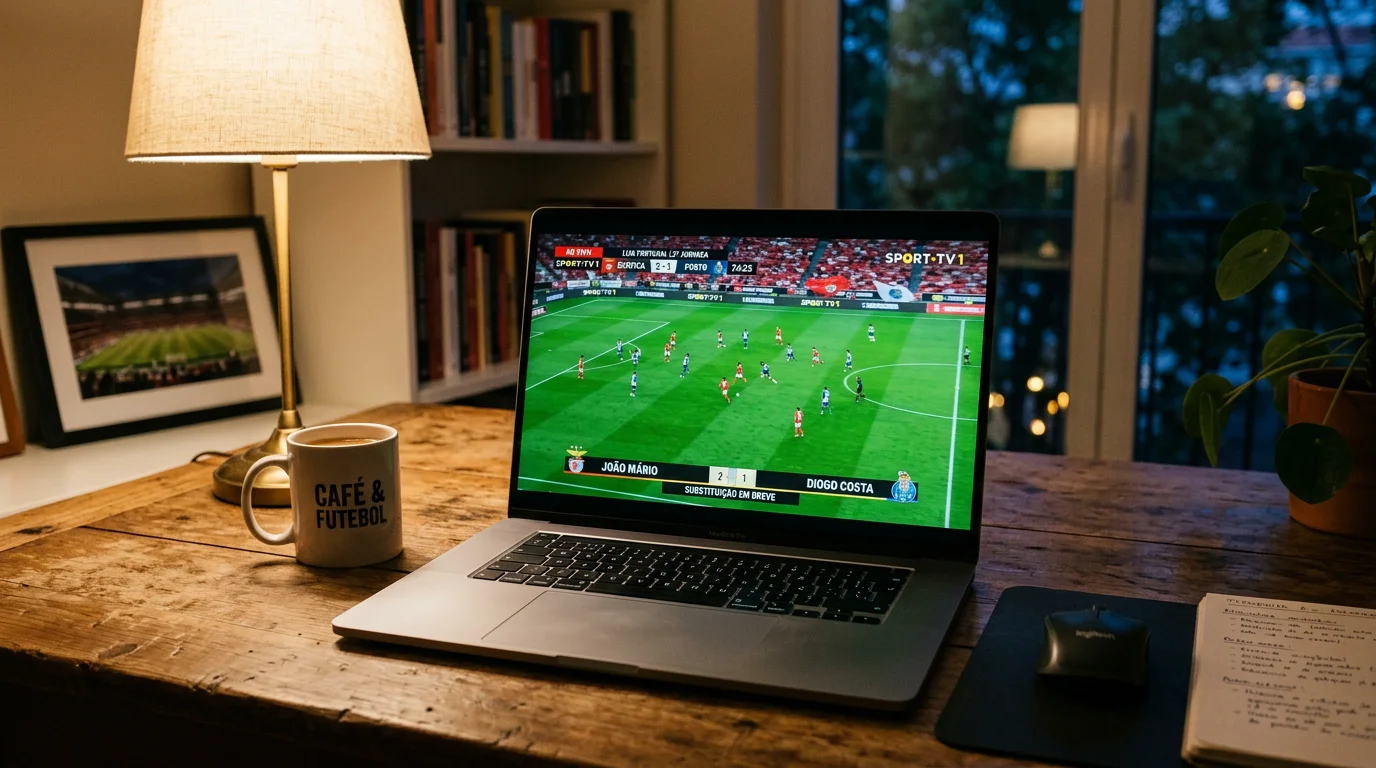 Jogo de futebol a ser transmitido em direto no ecra de um portatil