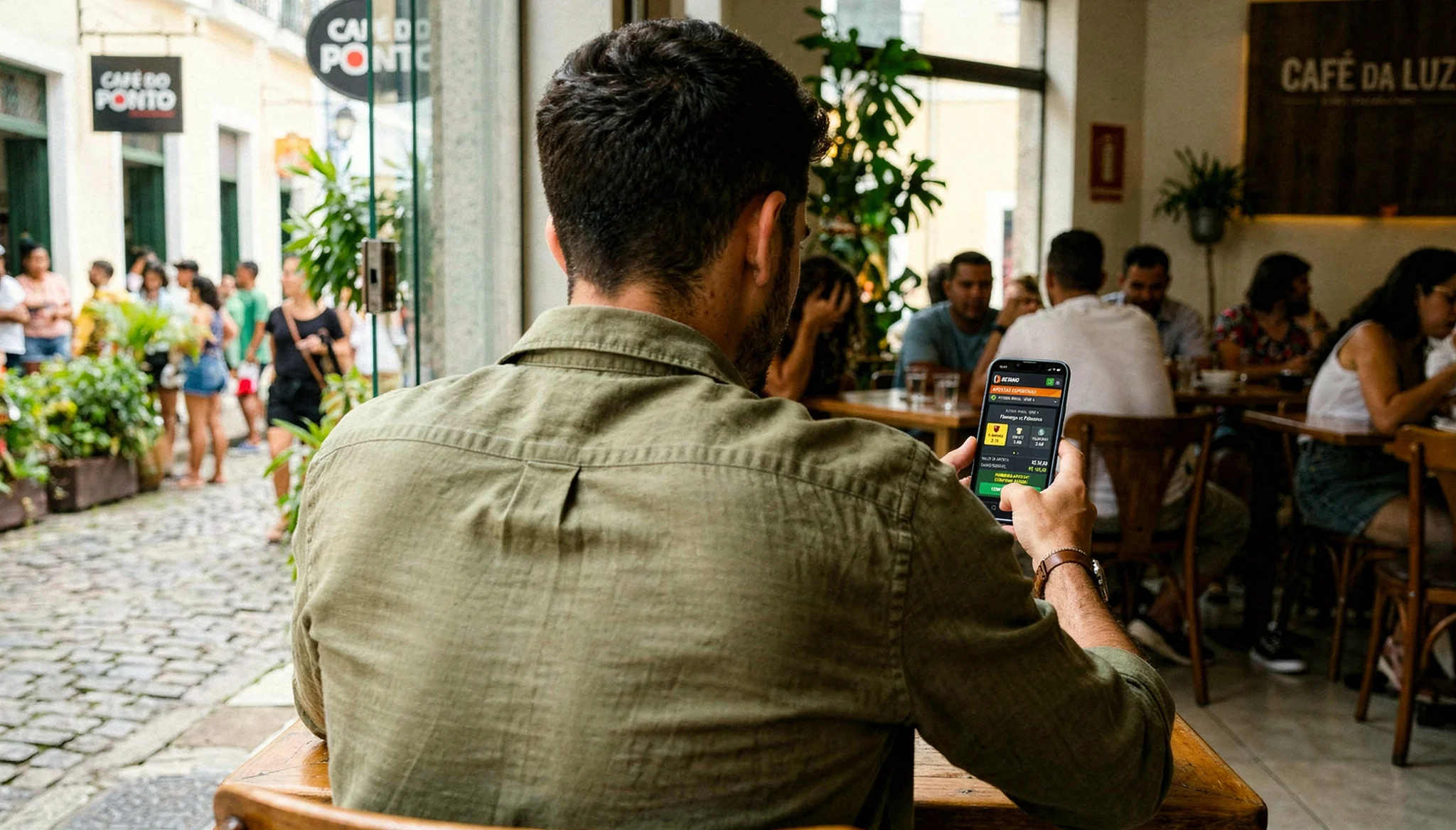 Pessoa a fazer primeira aposta online no telemovel com expressao concentrada